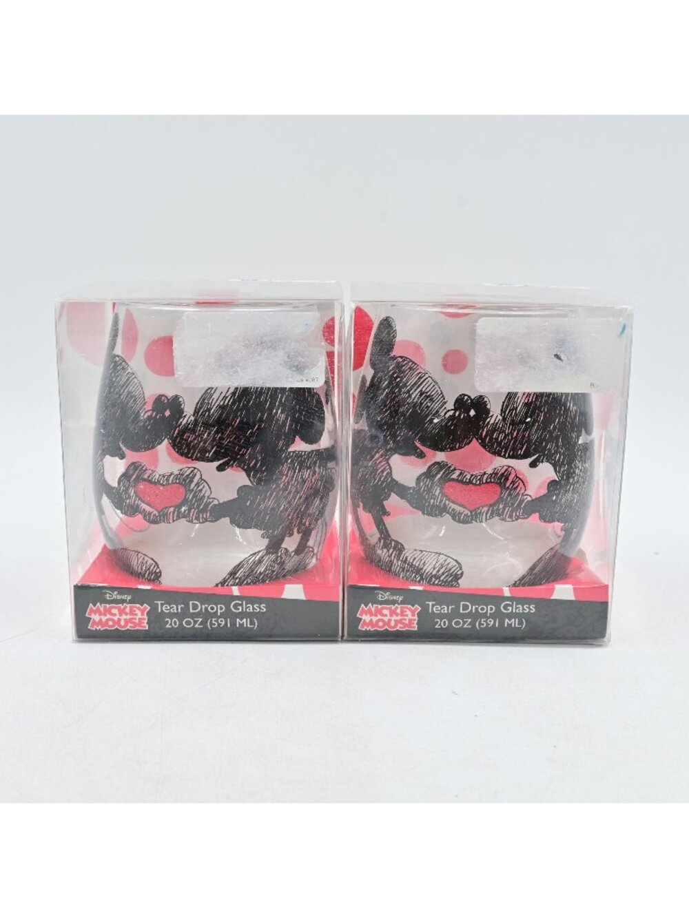 Disney Mickey &‎ Minnie Mouse Heart Stemless Wine 20oz Tear Drop Glasses Pair